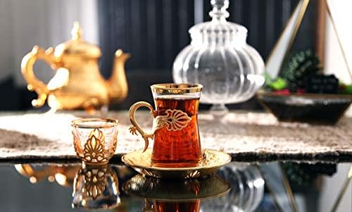 Ламахоме Турски арапски чај чаши сет од 6 со држачи за златна боја, Mırrars и чинии - Фенси гроздобер рачно изработен сет, подарок, Teatime