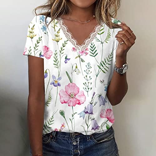 Летни цветни печатени маици за жени против вратот од капчиња чипка на врвови со кратки ракави блуза лабава обична секси маичка кошула