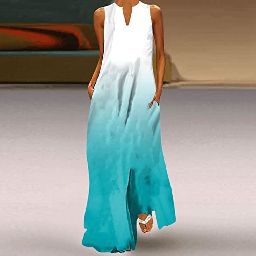 Модни жени обични фустани гроздобер жени летен фустан без ракави V вратот макси фустан елегантна плажа долг лист