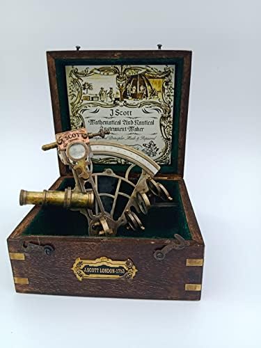 Месинг Секстант Ј. Скот Лондон-1753 Со Дрвена Дрвена Кутија За Подароци, Антички Секстант 5 Морнари На Поморската Морнарица Небесни