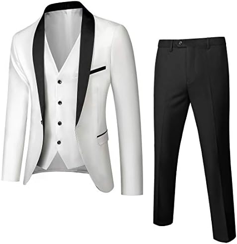 Ynd машки 3 парчиња тенок фит смокинг сет, едно копче шал јака цврста јакна за панталони со лак со лак