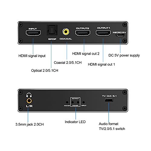 Audio Extritter Audio Care HDMI Splitter, 4K@60Hz 1 во 2 надвор со оптички Toslink SPDIF + Coaxial + 3,5mm аудио надвор за двојни монитори