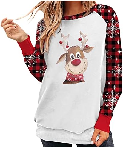 Грд Божиќен џемпер за жени Смешна екипа на екипажот снег од снегулка карирал долга ракав блуза Симпатична графичка маичка кошули