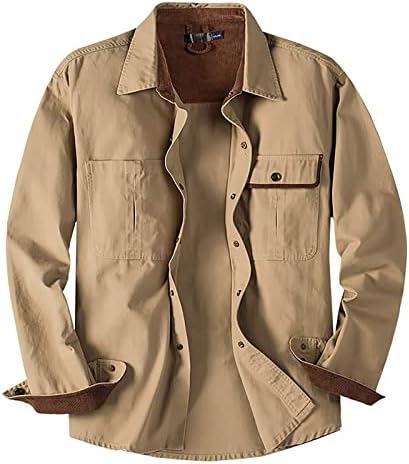 Јакни за мажи работат облека измиена памучна кошула плус големина цврста боја лапел машка јакна за долг ракав, зимски палта за мажи
