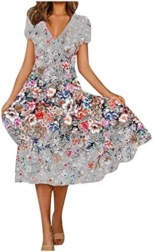 Нокмопо слатки фустани за жени кратки ракави летни обични модни цвеќиња со кратки ракави со кратки ракави со вртење на вратот