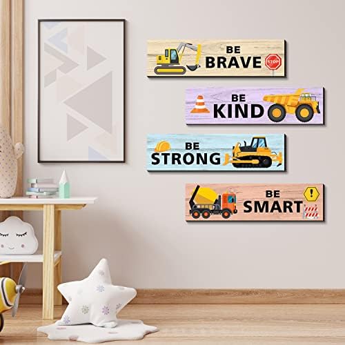 4 парчиња градежни камиони украси дрвени висечки wallидни плакети, инспиративни цитати на wallидна уметност, градежни камиони тематски декор на wallидови, совршени за мо