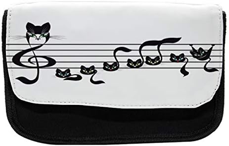 Необичен музички молив случај, белешки и мачиња животни, торба со молив со ткаенини со двоен патент, 8,5 x 5,5, црно бело