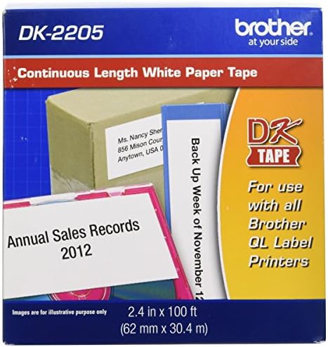 Брат оригинален, DK-2205 Континуирана етикета за хартија, етикета со сечење до должина, 2,4 ”x 100 стапки, ролна по кутија