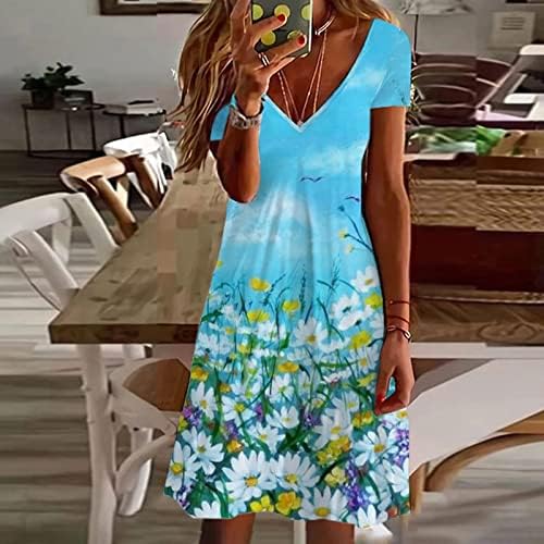 Здолниште за молив за жени, рес за жени симпатична цветна кратка ракав против вратот лежерен лабав фир фустан од плажа Мини фустан