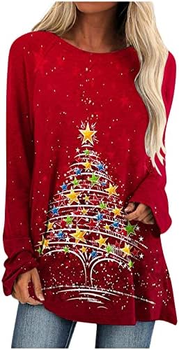 Впумв Божиќни Туники Блузи За Жените Да Носат Со Хеланки Кошули Со Врат На Екипажот Со Долги Ракави Новогодишни Елки Печатење Блуза Пуловер