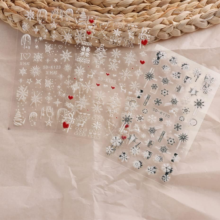 Божиќни 5Д налепници за уметност на ноктите, 5Д стереоскопски врежани налепници за нокти на снегулки за нокти за нокти, романтична снегулка, елк