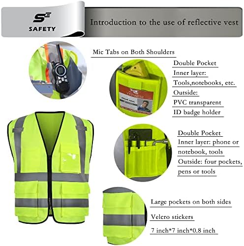Безбедносен елек за рефлексија на Sesafety со џебови и патент, градежен елек со голема видливост, Hi Vis Vest, ANSI Class 2, жолта, М.