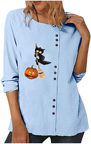 Кошули со памучни постелнина на нархбг, жени обични маички со долги ракави, лабави обични маички облечени слатки тикви мачки печатени блузи