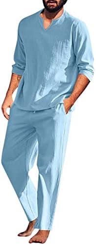 Менс костуми за мажи парчиња памук сет Хенли кошула со долг ракав и обични панталони за плажа летни јога облеки