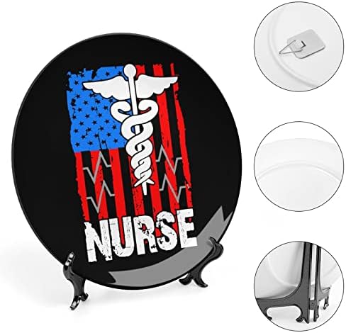 Медицинска сестра Патриотска американска американска знаме Декоративна чинија тркалезна керамичка чинија коска Кина плоча со приказ за свадбени
