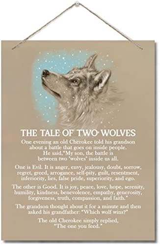 Приказната за две волци Инспиративен знак за украси за украси, виси печатени wallидни знаци од дрво, дневна соба спална соба домашна канцеларија