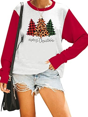 Среќна Божиќна маичка за жени, женски елка графичка кошула леопард печатена Божиќна празник долг ракав екипач пулвер