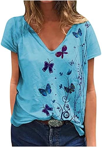 Маица со блуза за дами кратки ракави длабоки v вратот памук пеперутка цветна графичка лабава вклопена опуштена фит блуза тој