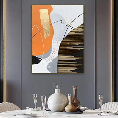 Рачно насликано портокалово злато фолија Сликарство - Апстракт вертикално влез модерно уметничко сликарство на платно, уметнички