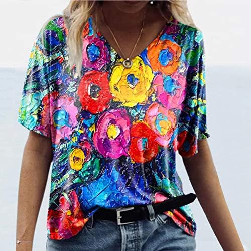 V-врат маица за жени Бохо цветен пејзаж печати краток ракав Топ лето лето-слатка слатка лабава лабава фит-блуза пуловер