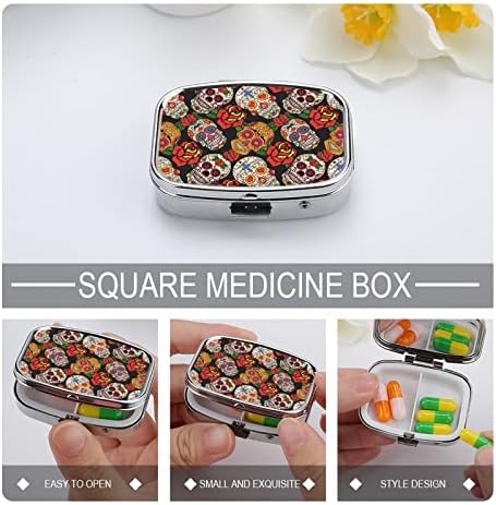 Пилула кутија черепи и рози плоштад во форма на таблети за таблети, преносен пилум за витамин контејнер, држач за апчиња со 3 оддели