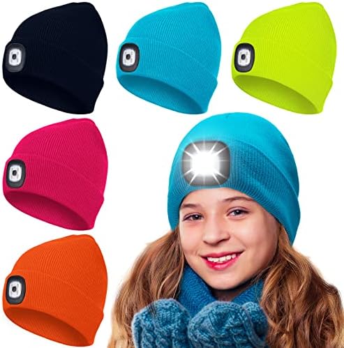 Satinior 5 парчиња унисекс -бени капа со LED светлина, полнење USB зимски топли плетени капи за трчање пешачење