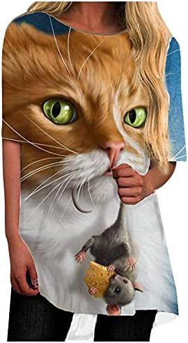 2023 Летна маичка за жени Симпатична мачка графички маички со кратки ракави со тркалезен врат Туника Топ лабава обичен пуловер