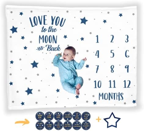 Бебе месечно ќебе со пресвртница со 12 налепници, големи 50 x40 месеци момче новороденче Фотографска позадина Фото Професи, starsвезди