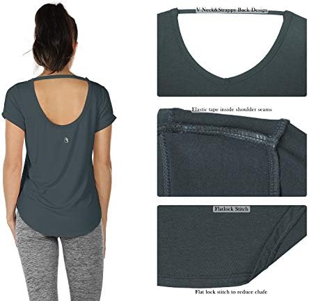 Icyzone Отворен назад јога кошули за жени - врвови за вежбање, атлетски кратки ракави, маици за трчање лабаво вклопување