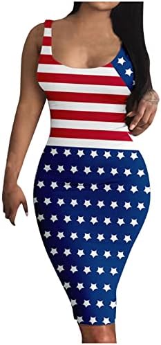 Жени Американско Знаме Патриотски Фустани Секси Шпагети Ремен Без Ракави Бодикон Квадратен Врат Миди Клуб Летен Фустан