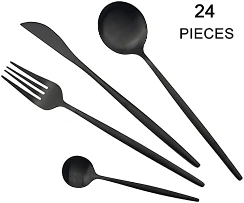 24 парчиња црна мат прибор за јадење од не'рѓосувачки челик сет за вечера со вилушка вилушка, лажица вечера, сет кујнски прибор