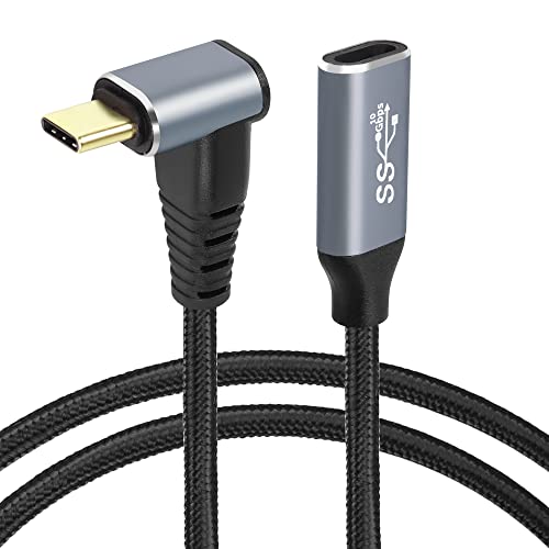 Gelrhonr 1m десен агол USB C продолжено кабел, 90 степени 10Gbps PD 100W USB3.1 Gen2 маж до женски кабел за полнење, кабел за екстремитет