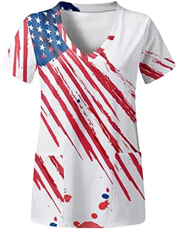 4-ти јули врвови за жени Американско знаме лето кратки ракави против маица со вратот со 2 џебови смешна празнична работна облека