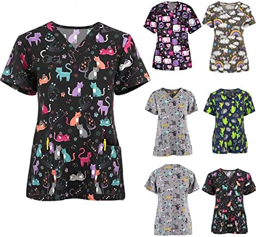 Petite Scrubs за жени - врвови за печатење на животни, симпатични врвови, кошули со кратки ракави со маици со вратот со џебови