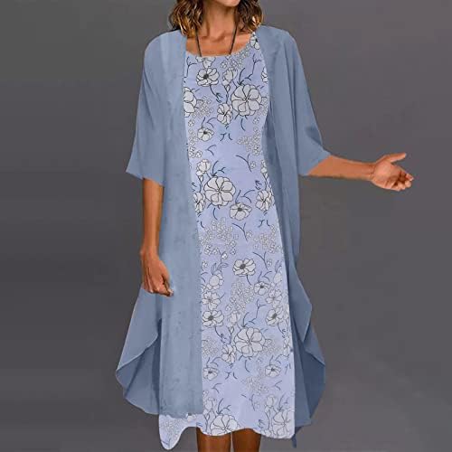 Женски обичен моден печатење O/врат средна долга должина со две парчиња фустан
