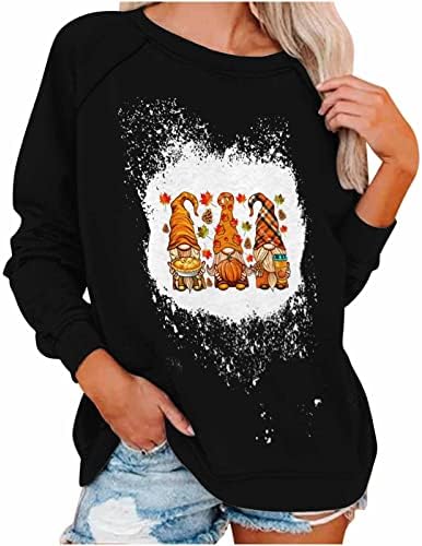 Ruziyoog Среќен пад и е изветвена џемпер за жени Денот на благодарноста Симпатична гноми печатени врвови, обични џемпери со долги ракави