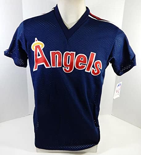 1983-90 Калифорниски ангели празно игра издадена практика за лилјаци во Blue Jersey L 683 - Игра користена дресови на MLB