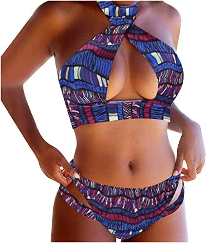 Women'sенски халтер бикини сет африкански племенски тотеми печати костим за капење секси сечење на низок пораст, истурање бикини