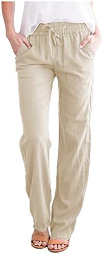Wocachi жени памучни постелнини панталони Еластични високи половини широки нозе палацо салон за влечење на половината обични панталони