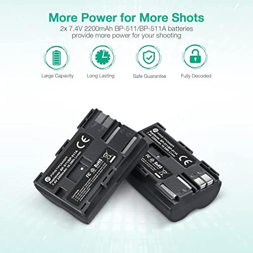 FirstPower BP-511 BP-511A Батерија 2-пакет 2200mAh и двоен USB полнач за Canon EOS 5D 10D 20D 20DA 30D 40D 50D 300D D30 D60 и повеќе