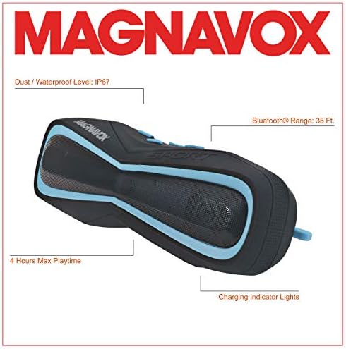 Magnavox MMA3639-BK Преносен наводник на водоотпорен стерео звучник со Bluetooth безжична технологија во црна и сина | Батерија за полнење |