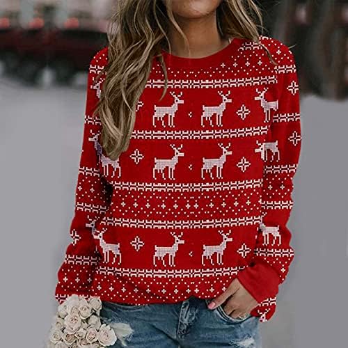 Женски џемпери паѓаат 2022 година Божиќна графичка облека џемпери трендовски блузи Chirstmas ирваси на ирваси на врвови на врвови