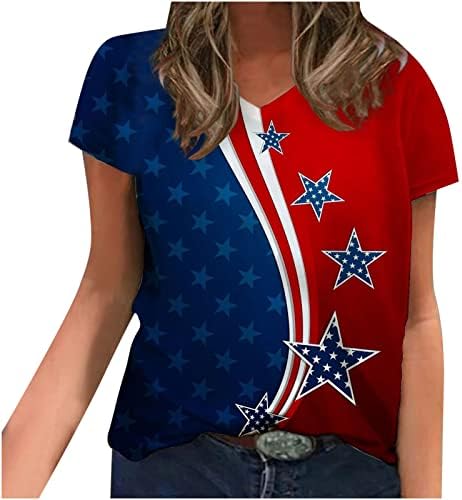 Патриотски кошули за САД за жени 4-ти јули модно американско знаме starsвезди ленти печатени кошула со кратки ракави со врат од вратот