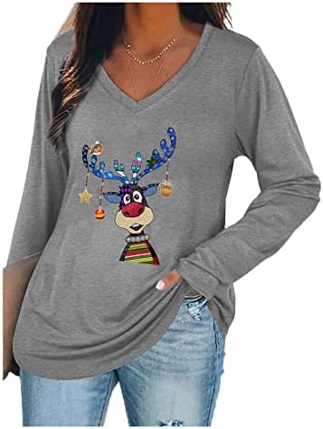 Божиќни кошули за жени смешни симпатични ирваси печати тунични врвови против вратот со долг ракав маичка лабава есен случајна блуза врв