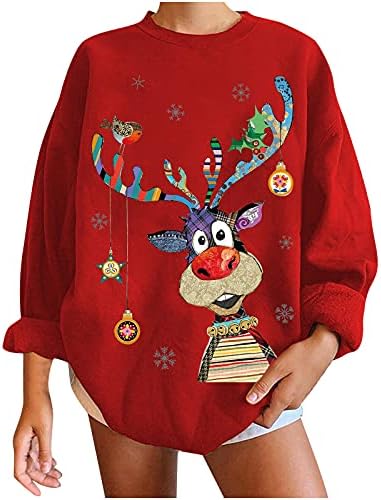 Божиќни кошули со долги ракави за жени со џемпер на екипаж Смешно ирваси графички карирани карирани врвни блузи, случајни влезови