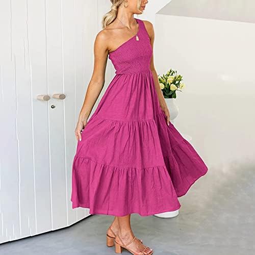 Fragarn sundresses за жени секси, женски модни лежерни едно рамо, облечена во цврста боја со средна должина, фустан