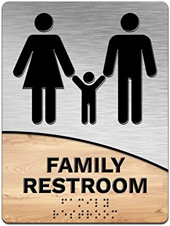 Модерен Канцелариски Деловен Тоалет Знак-Семејство-6 х8 Четкан Челик + Изглед На Дрво - Ада Во Согласност