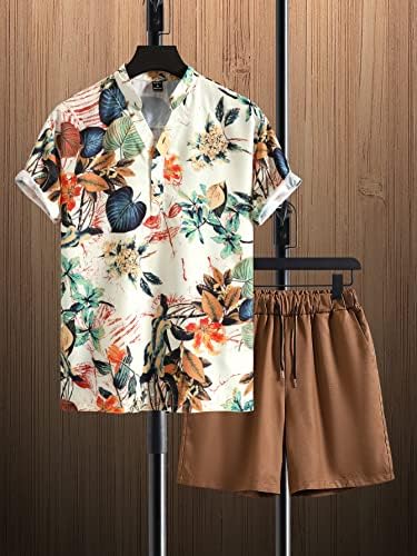 Oshho облека со две парчиња за мажи мажи тропски кошула за печатење и шорцеви за половината за влечење без мета