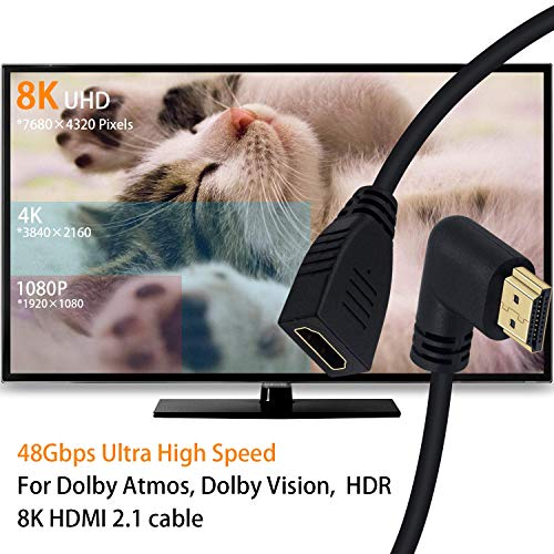 Кабел за продолжување на Poyiccot 8K HDMI, краток 8K HDMI 90 степени десен агол машки до женски HDMI 2.1 адаптер за кабел 48Gbps со