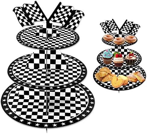 Yhomu Checked Racing Party Cupcake Stand, 3-ниво тркачки автомобил со тематски држач за торта, тркалезен картонски десерт кула, стабилен послужавник